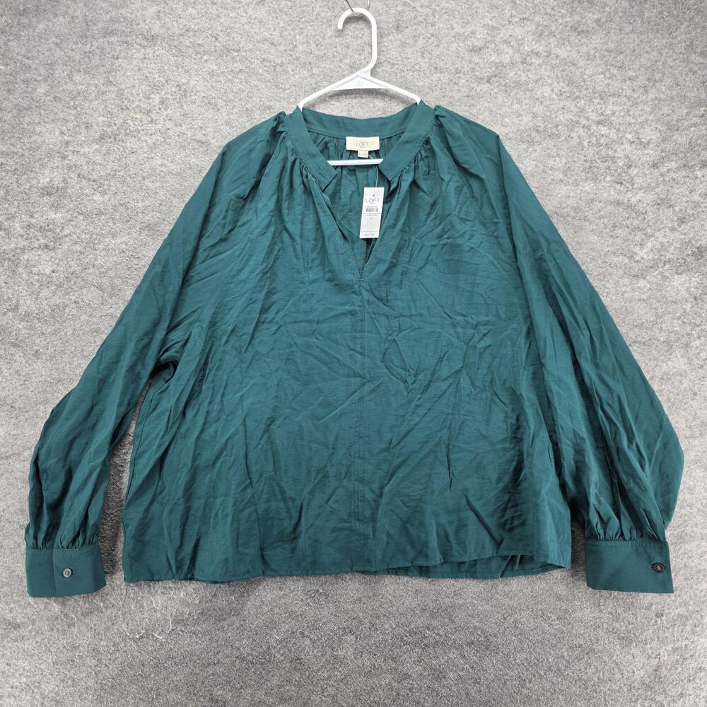 LOFT Outlet Tunic Blouse Womens XL Green V-Neck Balloon Sleeve Pleated Button